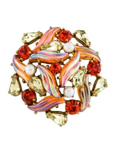 Pre-owned Schiaparelli Vintage Faux Pearl & Crystal Brooch Pin In Green/orange/white