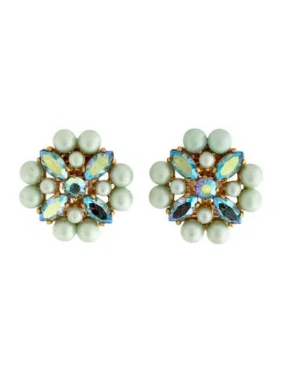 Pre-owned Schiaparelli Vintage Faux Pearl & Crystal Cluster Clip-on Earrings In Blue