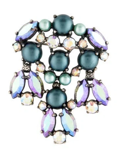 Pre-owned Schiaparelli Vintage Faux Pearl & Crystal Pin Brooch In Blue/clear/green