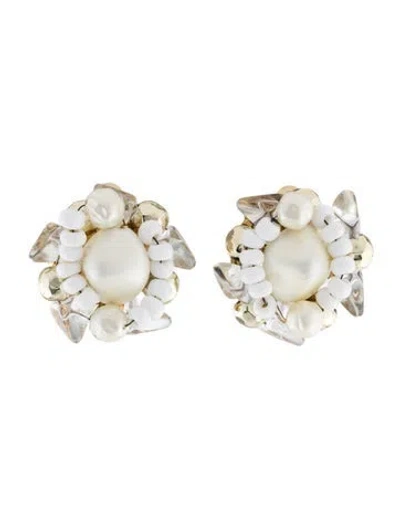 Pre-owned Schiaparelli Vintage Faux Pearl, Crystal, & Bead Clip-on Earrings In White