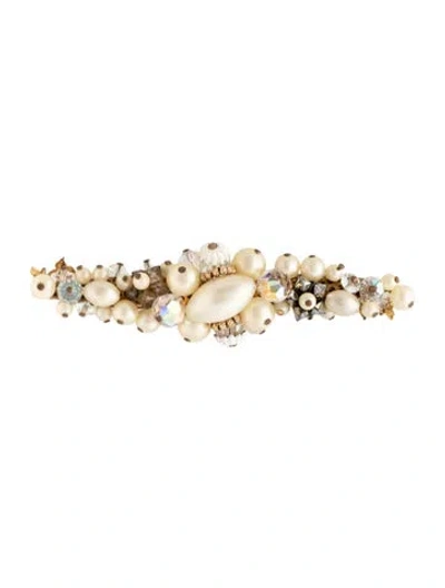Pre-owned Schiaparelli Vintage Faux Pearl, Crystal & Bead Cluster Brooch Pin In Clear/silver/white