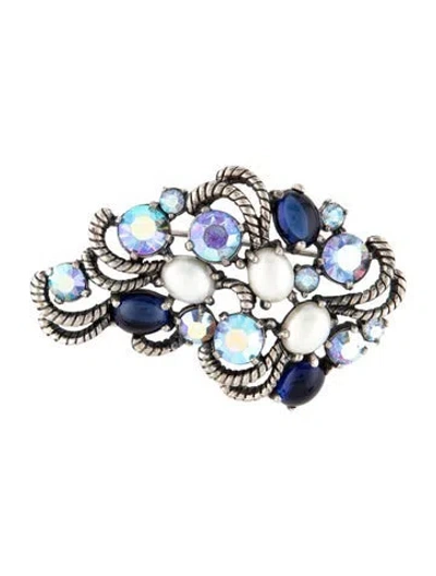 Pre-owned Schiaparelli Vintage Faux Pearl, Crystal & Glass Cluster Pin Brooch In Blue/white