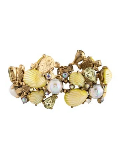 Pre-owned Schiaparelli Vintage Glass Shell & Crystal Link Bracelet, 6.5" In Yellow