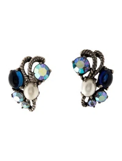 Pre-owned Schiaparelli Vintage Iridescent Crystal & Faux Pearl Clip-on Earrings In Blue/purple/white