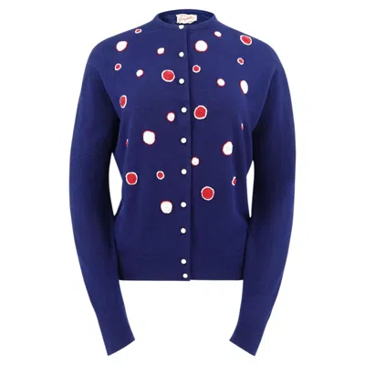 Pre-owned Schiaparelli Vintage Navy Wool Cardigan Circa 1960s Beaded Polka Dots In Blue