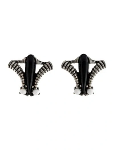 Pre-owned Schiaparelli Vintage Resin Ribbed Clip-on Earrings In Black/white