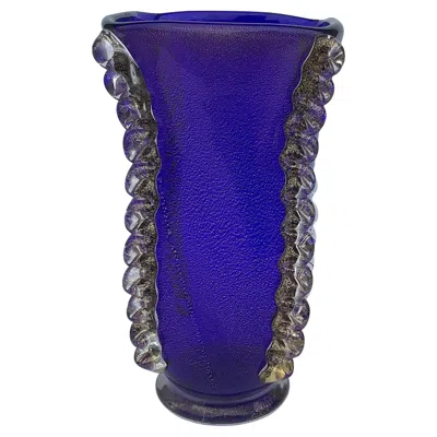 Pre-owned Schiavon Franco  Vibrant Blue Murano Art Glass Vase With Gold Handles And Dust