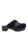 Scholl Iconic Woman Mules & Clogs Navy Size 8 Leather, Textile Fibers In Blue