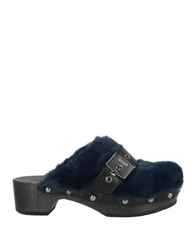 Scholl Iconic Woman Mules & Clogs Navy Size 8 Leather, Textile Fibers In Blue