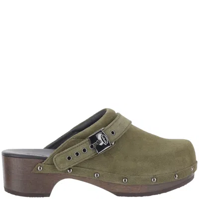 Scholl Olive Closed-toe Wooden Platform Suede Sandals In Green