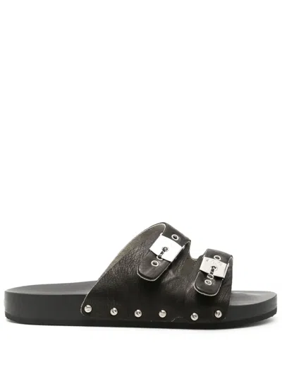 Scholl Pin-straps Wood-sole Leather Slides In Black