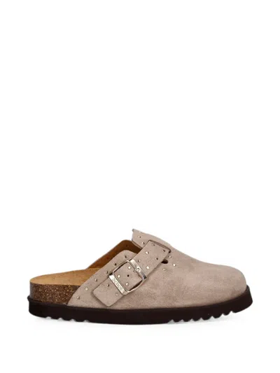 Scholl Studded Buckled Slides In Brown