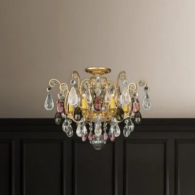 Schonbek Renaissance Rock Crystal 6 Light 20in X 16in Semi-flush Mount In Black With Amethyst And Black Diamo In Gold