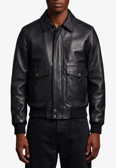 Schott Leather Aviator Bomber Jacket In Black