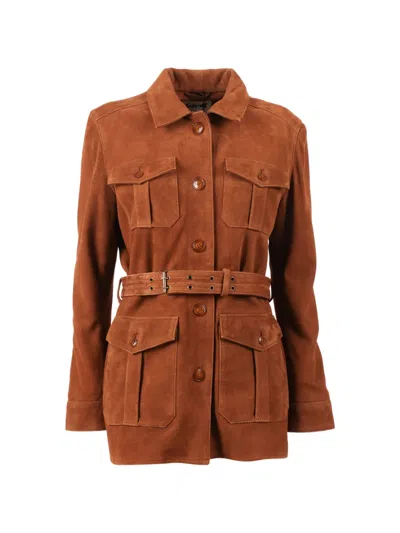 Schott Belted Suede Jacket In Brown