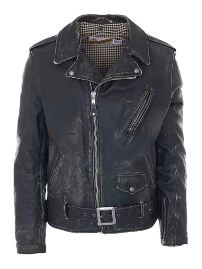 Schott Black Leather Jacket In Blue