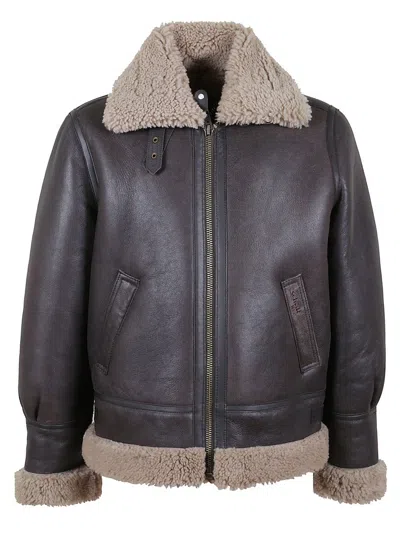 Schott Cordovan Sheepskin Jacket With Embroidered Logo And Adjustable Straps In Brown