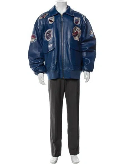 Pre-owned Schott Leather Graphic Print Bomber Jacket In Blue