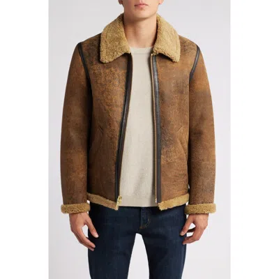 Schott Nyc Genuine Shearling Collar Sheepskin Bomber Jacket In Brown