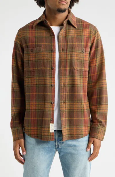Schott Nyc Plaid Flannel Button-up Work Shirt In Brown