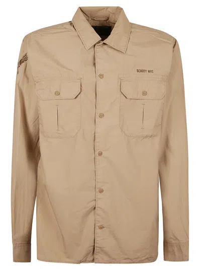 Schott Patched Pocket Logo Embroidered Shirt In Beige