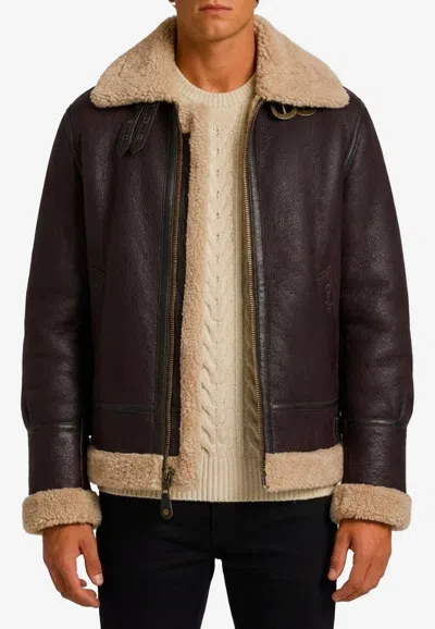 Schott Shearling -trimmed Leather Aviator Jacket In Brown