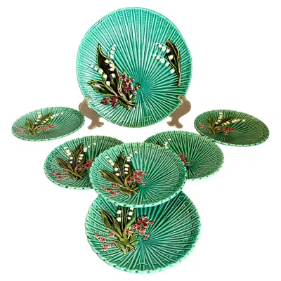 Pre-owned Schramberg Majolica Art Nouveau Majolica Serving Dish Set By Schramberg, Teal Glaze, 1920s In Green