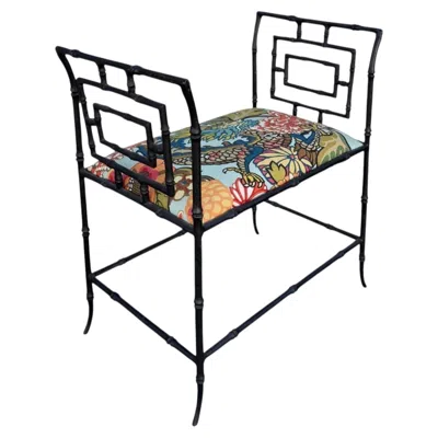 Pre-owned Schumacher Hollywood Regency Faux Bamboo Metal Bench W  Chiang Mai Dragon In Black
