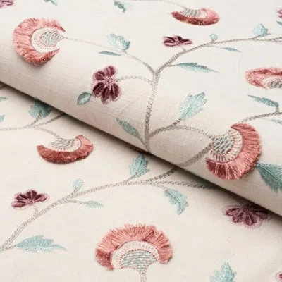 Schumacher Lyla Embroidery Fabric In Rose,natural