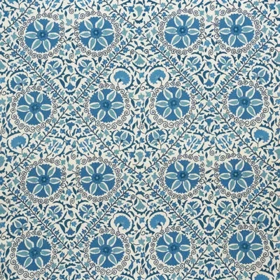 Schumacher Madura Floral Stitchery Fabric In Indigo,ivory