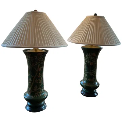 Pre-owned Schumacher Near Pair Of Hand Painted Asian Style Table Lamps -  Furnishings In Brown