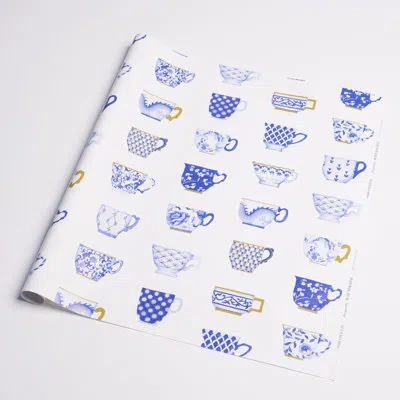 Schumacher Onie's Teacups Wrapping Paper In Blue;white;porcelian