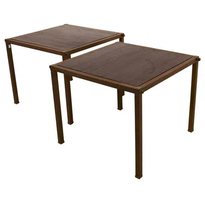 Pre-owned Schumacher Pair Of Mid-century Brass Side Tables With Inset Wood Tops In Brown