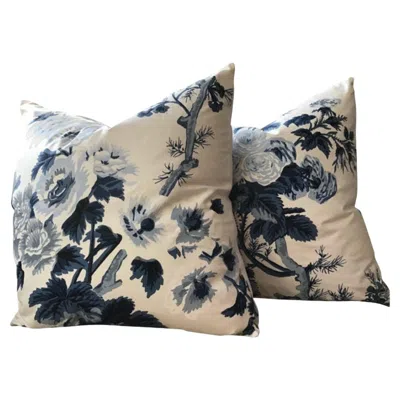 Pre-owned Schumacher Pair Of  Hollyhock Pyne In Indigo Pillows In Blue