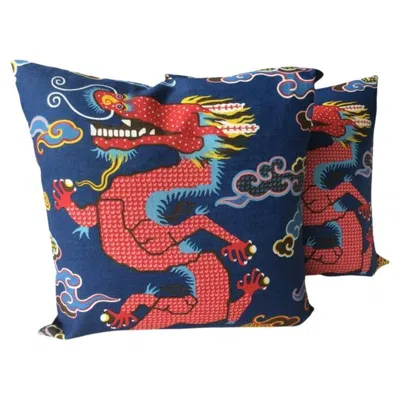 Pre-owned Schumacher Pair Of  Magical Ming In Navy Down Filled Pillows In Blue