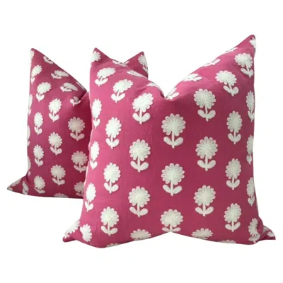 Pre-owned Schumacher Pair Of  "paley" Pillow Cover In Pink Green And White Linen Pillows