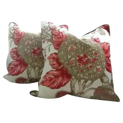 Pre-owned Schumacher Pair Of  Pillows In Coral, Tan & Khaki Floral "mandalay" Linen In Brown