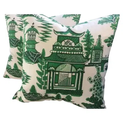 Pre-owned Schumacher Pair Of  Pillows In Jade Green & White "nanjing" Chinoiserie Style
