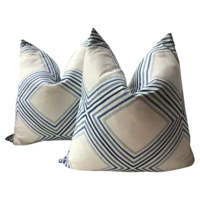 Pre-owned Schumacher Pair Of  “square Dance “ Blue And White Down Filled Pillows
