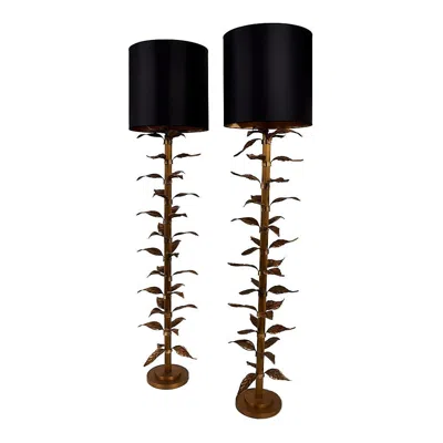 Pre-owned Schumacher Pair Of Unique Vintage Brass Floor Lamps With Leaf Motifs In Black