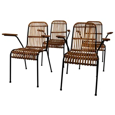 Pre-owned Schumacher Set Of 4 Vintage Rattan Garden Chairs, Made In Belgium. In Brown