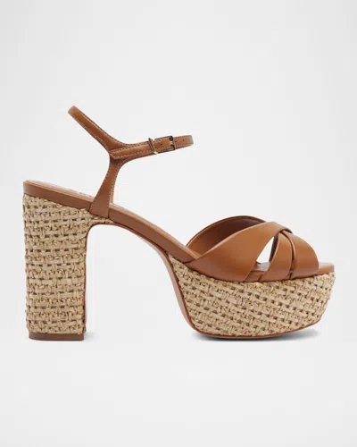 Schutz 100mm Keefa Raffia Leather Platform Sandals In Brown