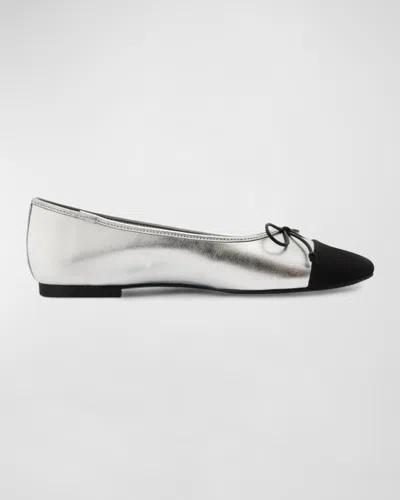 Schutz Arissa Metallic Bow Cap-toe Ballerina Flats In Silver