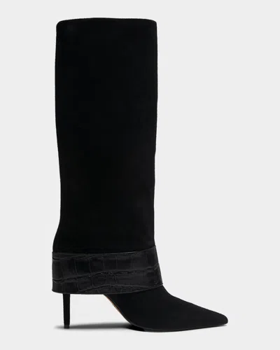 Schutz Beatrix Suede Knee-high Boots With Croc-embossed Leather Buckle In Black