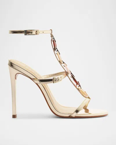 Schutz Cassandra Metallic Gem T-strap Stiletto Sandals In Platina