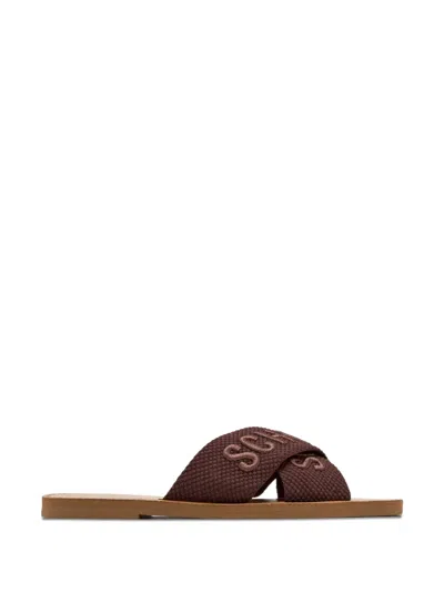 Schutz Cross-strap Embroidered Sandals In Brown
