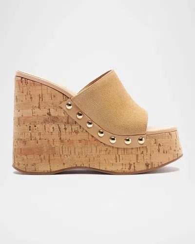 Schutz Dalle Studded Suede Wedge-heel Mules In Light Wood