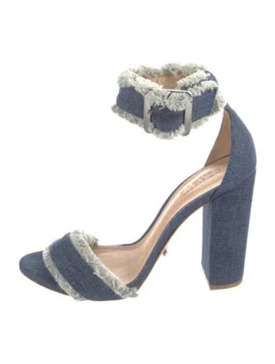 Pre-owned Schutz Denim Fringe Trim Accent Sandals In Blue