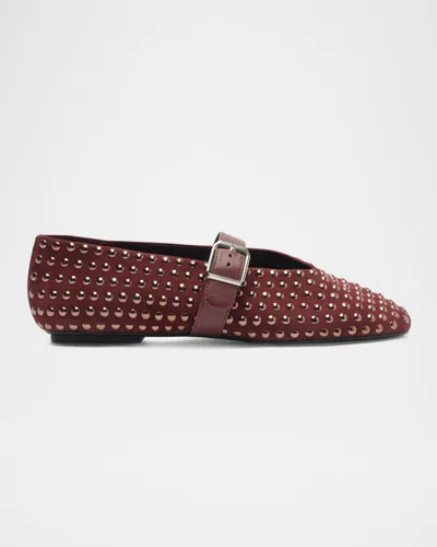 Schutz Eiza Shine Studded Suede Buckle Flats In Red