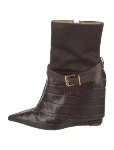 Pre-owned Schutz Embossed Leather Animal Print Boots In Brown